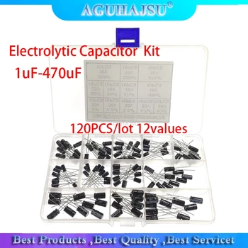 120PCS/daug 12values 1uF-470uF Aliuminio Elektrolitinių Kondensatorių Asortimentas Rinkinys 16V-50V elektrolitinius kondensatorius asortimentas box set