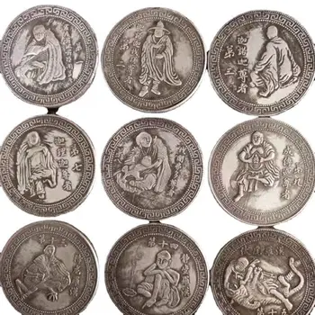 18PC Senovės Kinų Sidabrinės Monetos Aštuoniolika Arhats Sidabro Dolerių, Sidabro Antikvariniai daiktai